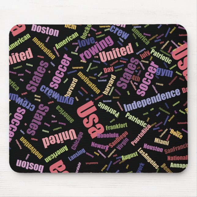 A collection of coloured words that describe Ameri Mouse Mat (Front)