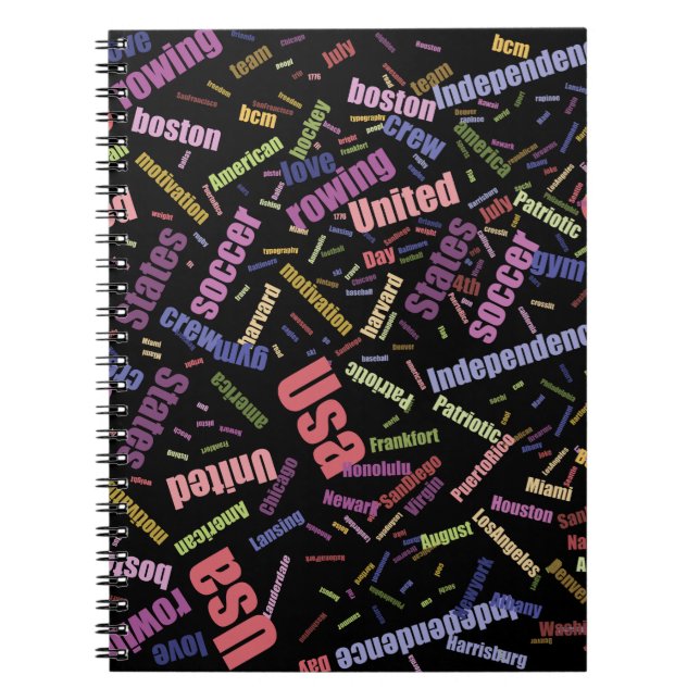 A collection of coloured words that describe Ameri Notebook (Front)