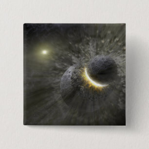 A collision between massive objects in space 15 cm square badge