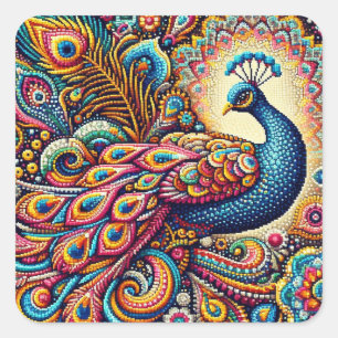 A colorful image of a pointillism paisley peacock  square sticker