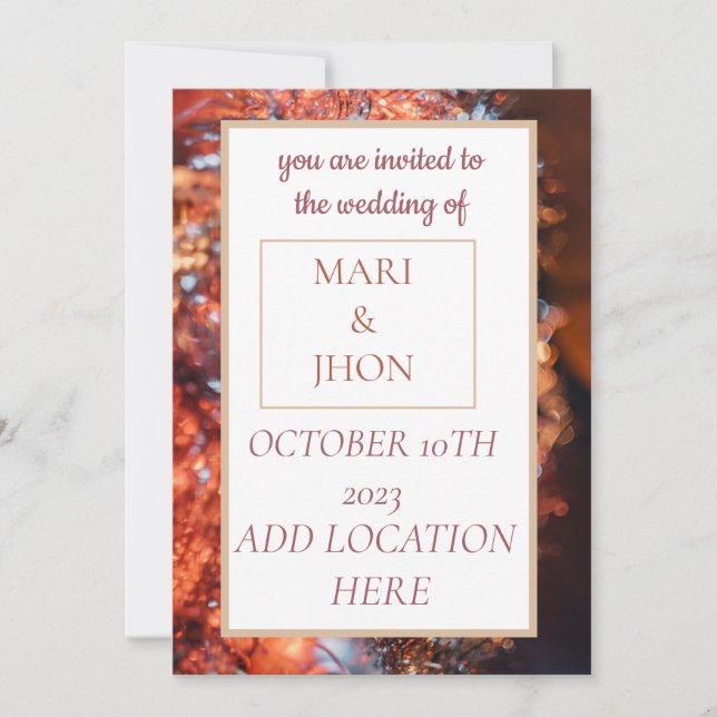 A colorful wedding invitation intimate & warm. (Front)