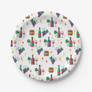 A colorful wine-themed pattern paper plate