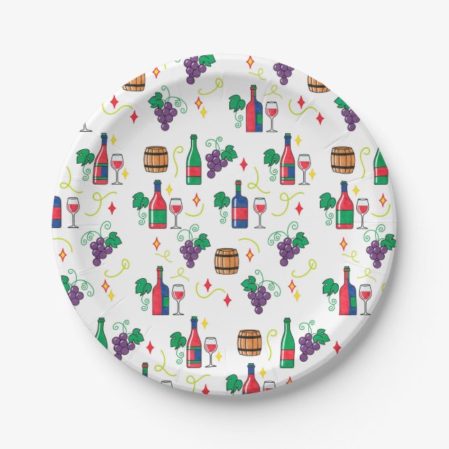 A colorful wine-themed pattern paper plate (Front)