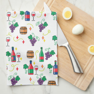 A colorful wine-themed pattern tea towel