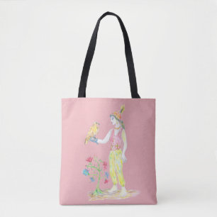 A coloured-pencil drawing of a woman tote bag