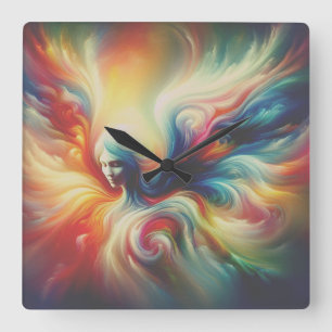 A Colourful Angel Covering the Front of a Square Wall Clock