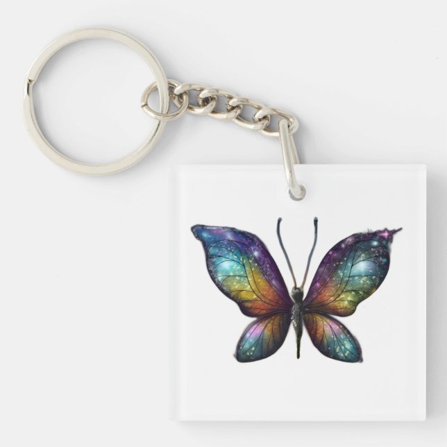 A colourful butterfly with galaxy-like wings is de key ring (Front)