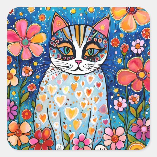 A Colourful Cat Square Sticker (Front)