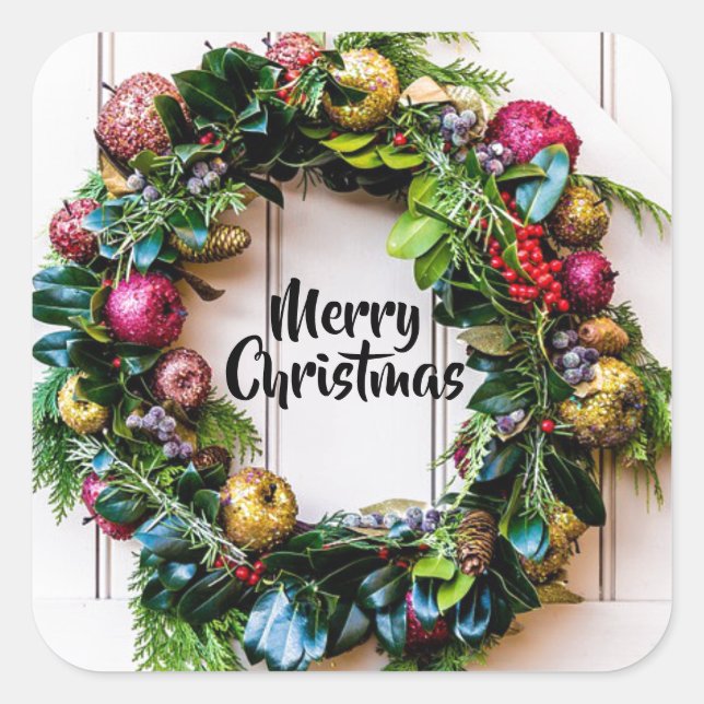 A Colourful Christmas Wreath Holiday Card Stickers (Front)