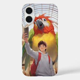 A Colourful Encounter – Giant Parrot at the Museum iPhone 16 Case