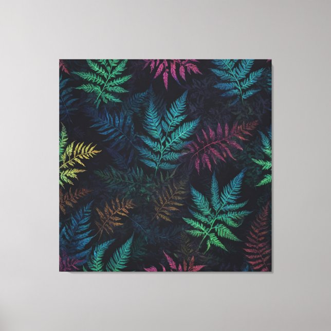 a colourful fern leaves on a black background canvas print (Front)