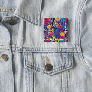 a colourful flower and leaves pattern on a blue ba 15 cm square badge