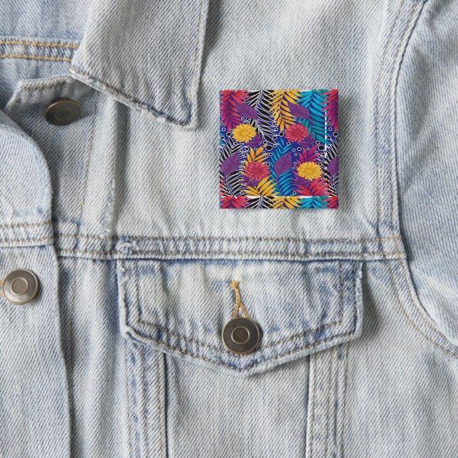 a colourful flower and leaves pattern on a blue ba 15 cm square badge (In Situ)