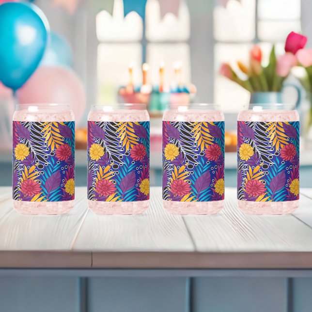 a colourful flower and leaves pattern on a blue ba can glass (Insitu (Baby Shower))