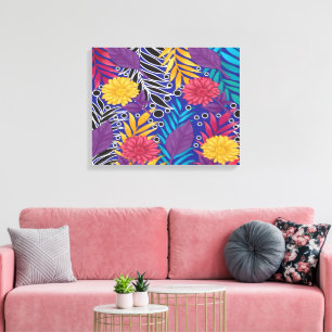 a colourful flower and leaves pattern on a blue ba canvas print