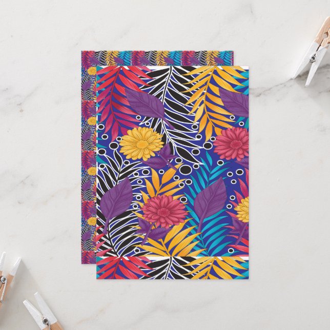 a colourful flower and leaves pattern on a blue ba invitation (Front/Back In Situ)