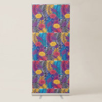 a colourful flower and leaves pattern on a blue ba
