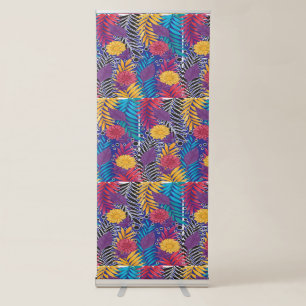 a colourful flower and leaves pattern on a blue ba retractable banner