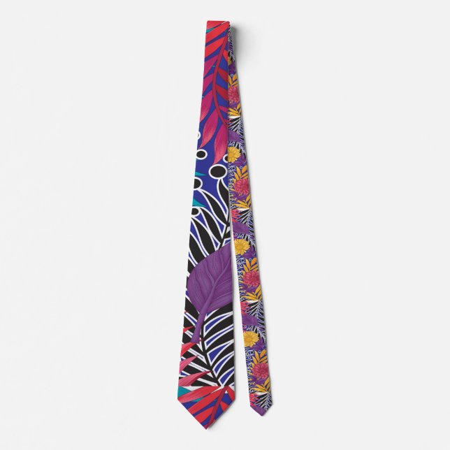 a colourful flower and leaves pattern on a blue ba tie (Front)