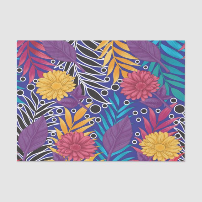 a colourful flower and leaves pattern on a blue ba tissue paper (Front)