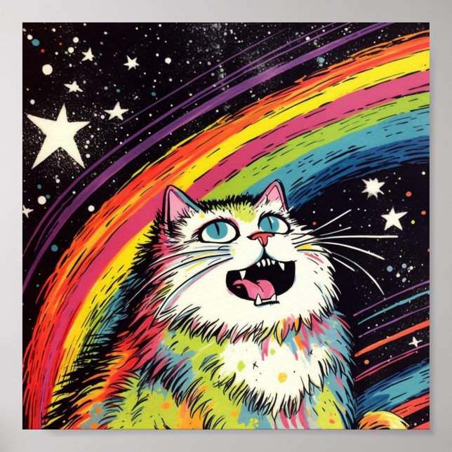 A Colourful Fluffy Cat in Space Poster (Front)