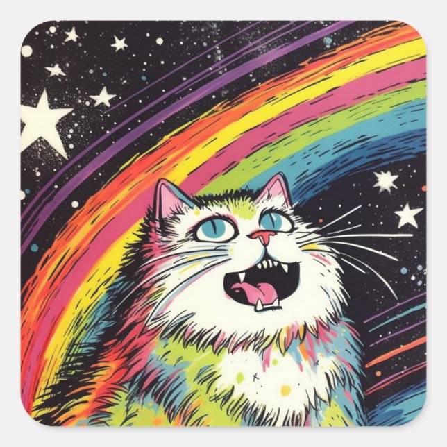 A Colourful Fluffy Cat in Space Square Sticker (Front)