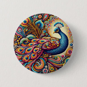 A colourful image of a pointillism paisley peacock 6 cm round badge