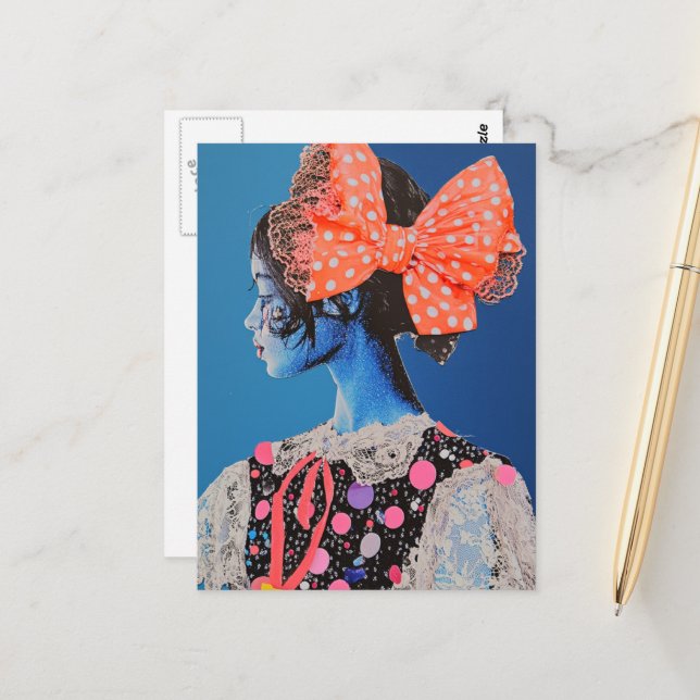 A Colourful lady with a big bow Collage Postcard (Front/Back In Situ)
