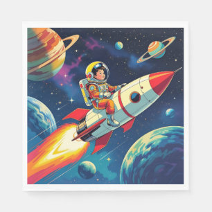 A Comic Book style Boy on a Rocket in Space Napkin