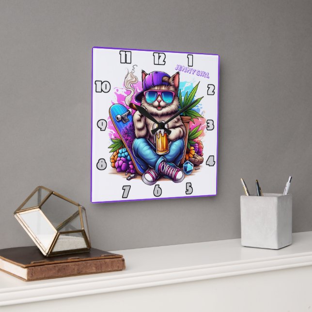 A cool cat enjoying a vibrant street party scene square wall clock (Office)
