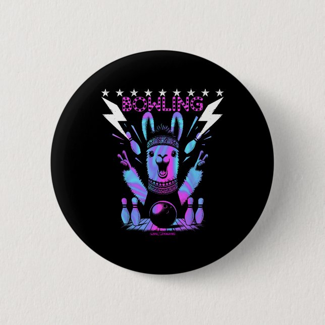 A Cool Llama Bowling With Lightning Strike  6 Cm Round Badge (Front)