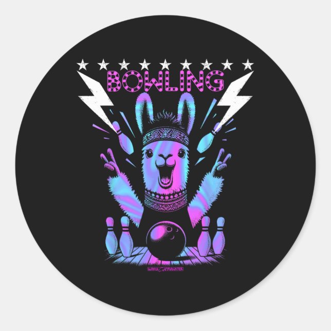 A Cool Llama Bowling With Lightning Strike  Classic Round Sticker (Front)
