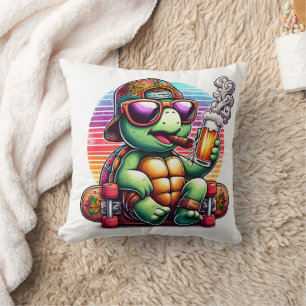 A cool turtle enjoying a drink on a skateboard cushion