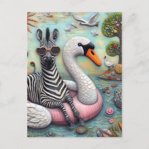A Cool Zebra on Vacation in a Floating Swan Postcard