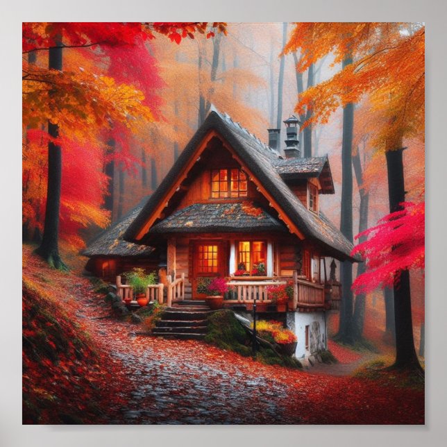 A cosy cabin with beautiful Autumn leaves Poster (Front)
