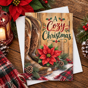 A Cosy Country Christmas Western Boots Poinsettia Holiday Card