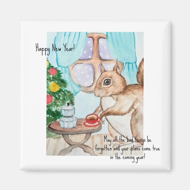 A cosy drawing of a cute squirrel magnet (Front)