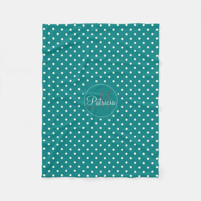 A Cosy Essential: Teal & White Polka Dots Monogram Fleece Blanket (Front)