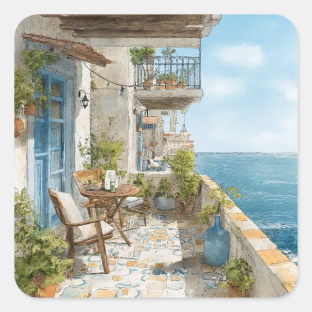 A Cosy Seaside Balcony Square Sticker (Front)