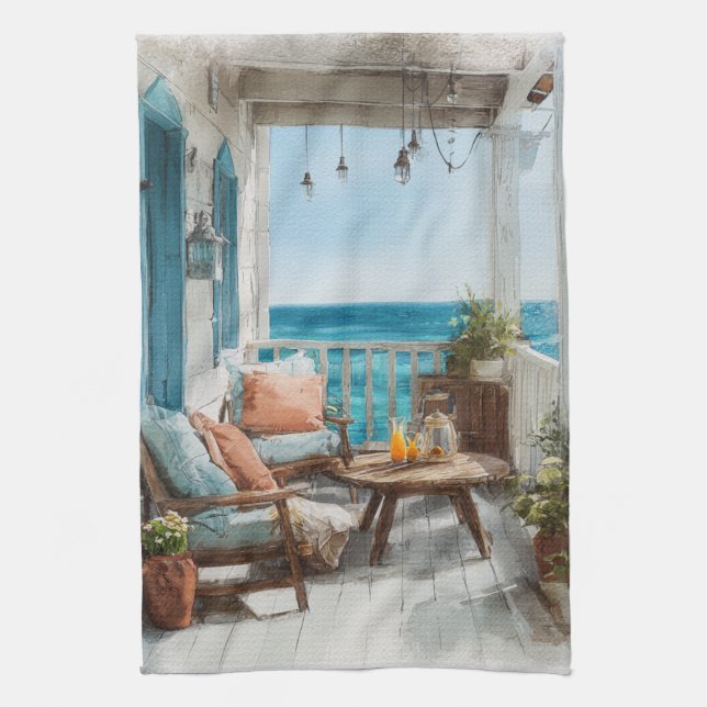A Cosy Seaside Balcony Tea Towel (Vertical)