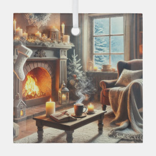 A cosy winter scene by the warm fireplace glass tree decoration