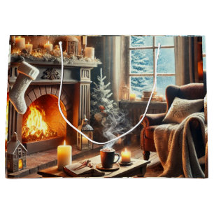 A cosy winter scene by the warm fireplace large gift bag