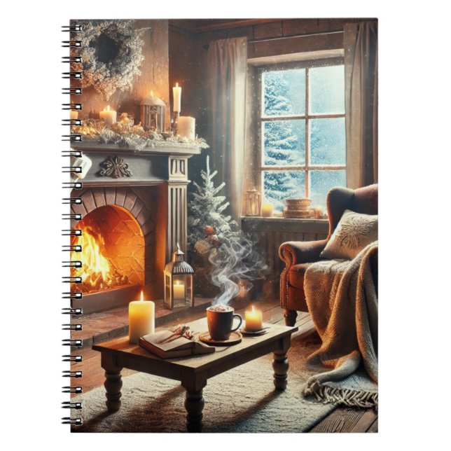 A cosy winter scene by the warm fireplace notebook (Front)