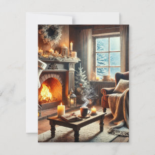 A cosy winter scene by the warm fireplace thank you card