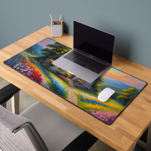 A cottage surrounded by colorful spring flowers desk mat