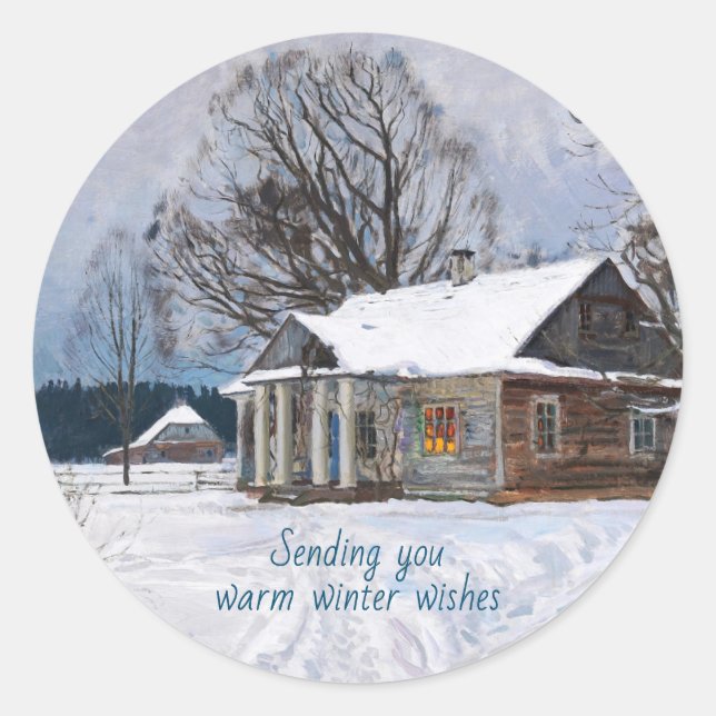 A Country House at Dusk in Winter Classic Round Sticker (Front)