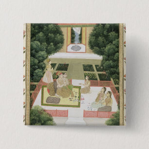 A couple in a garden listening to music with femal 15 cm square badge