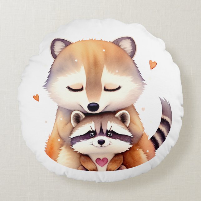 A couple of cute raccoons with a heart. Love Round Cushion (Front)