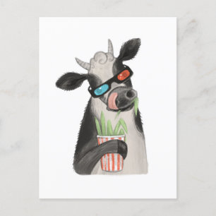 A cow in 3D glasses. Postcard