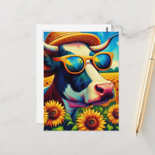 A Cow in Sunglasses in a Sunflower Field Postcard (Front/Back In Situ)